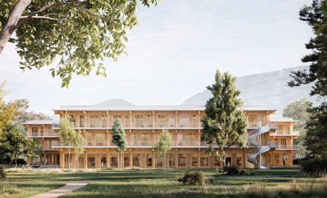 Le groupe scolaire. Mise en valeur du bois dans la sobriété des lignes.